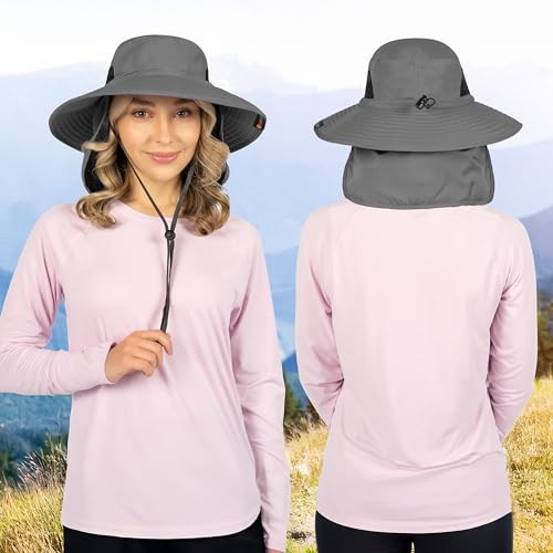 Suncube قبعة صيد شمسية من صن كيوب، قبعة شمسية للرجال والنساء، قبعة شمسية للمشي مع لسان رقبة، حافة عريضة، حزام ذقن، قبعة صيفية، حماية خارجية UPF 50+، قابلة للتعبئة، شبكة قابلة للتنفس (رمادي) - Image 3