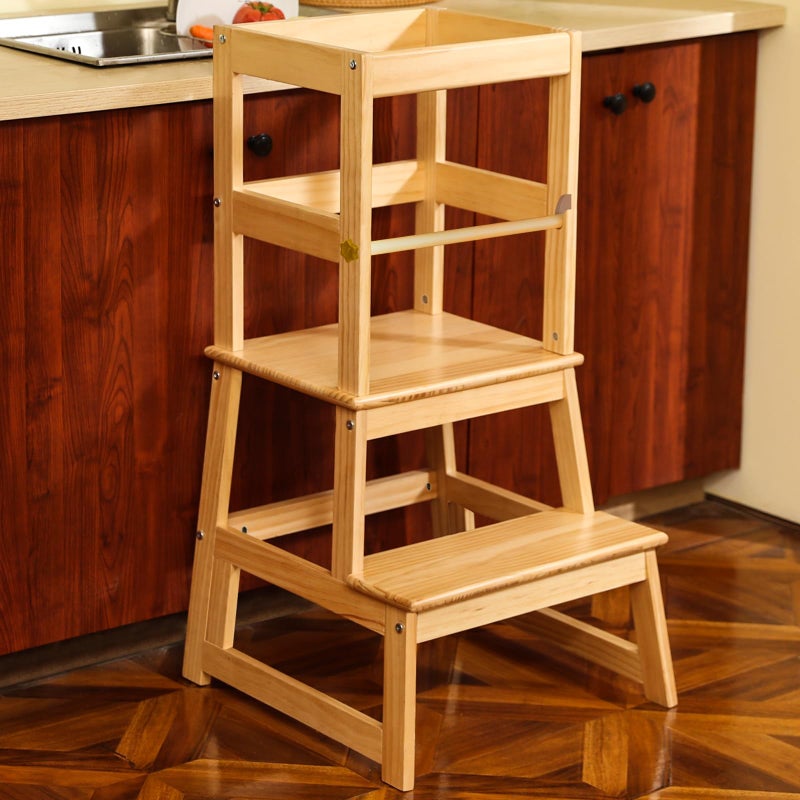 Wiifo Kitchen Step Stool for Kids with Safety RailToddler Standing Tower for Kitchen Counter Baby Montessori StoolSolid Wood ConstructionNatural