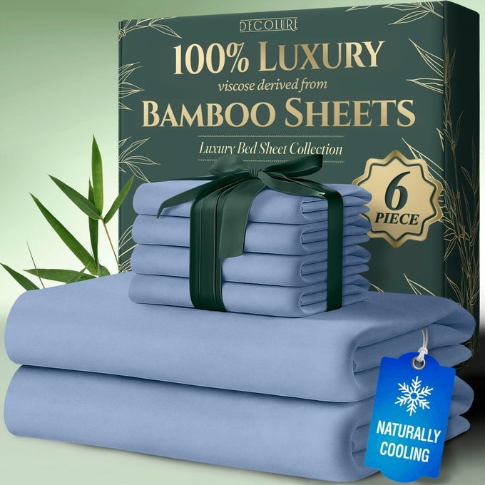100 VISCOSE DERIVED FROM BAMBOO SHEETS QUEEN SIZE 6PCS ULTRA SOFT LUXURIOUSLY COOLING 17 DEEP POCKET DOUBLE STITCHING PERFECT FOR HOT SLEEPERS QUEEN BED SHEETS LIGHT BLUE