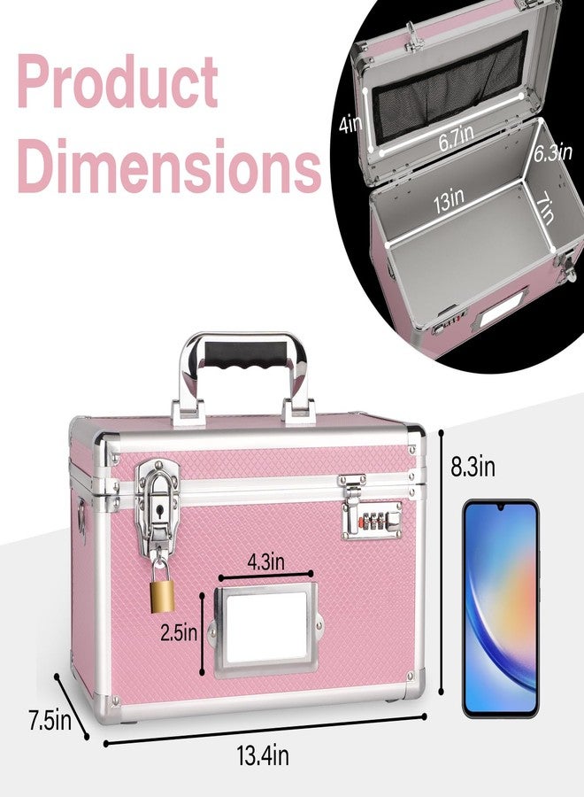 LOCKCURX Lockable Storage Box with Combination & Key Lock - Large Lock Box with Shoulder Strap & Label Slot, Portable Security Chest for Document, Medicine & Valuable, 13.4x7.6x8.2in Pink - Image 4