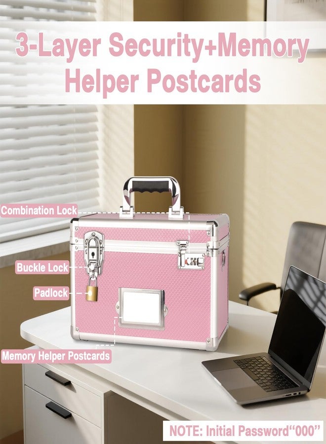 LOCKCURX Lockable Storage Box with Combination & Key Lock - Large Lock Box with Shoulder Strap & Label Slot, Portable Security Chest for Document, Medicine & Valuable, 13.4x7.6x8.2in Pink - Image 3