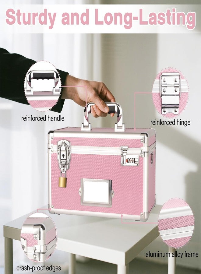 LOCKCURX Lockable Storage Box with Combination & Key Lock - Large Lock Box with Shoulder Strap & Label Slot, Portable Security Chest for Document, Medicine & Valuable, 13.4x7.6x8.2in Pink - Image 2