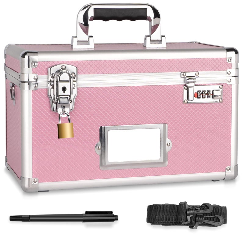 LOCKCURX Lockable Storage Box with Combination & Key Lock - Large Lock Box with Shoulder Strap & Label Slot, Portable Security Chest for Document, Medicine & Valuable, 13.4x7.6x8.2in Pink - Image 1