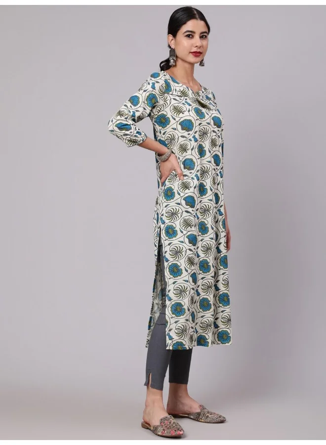 AKS  Cream & Blue Floral Print Kurta for Women | Best Price UAE