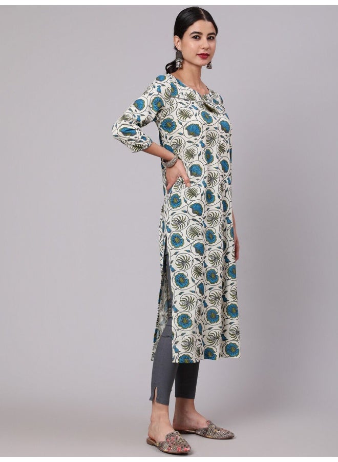AKS Cream & Blue Floral Print Kurta - Image 3