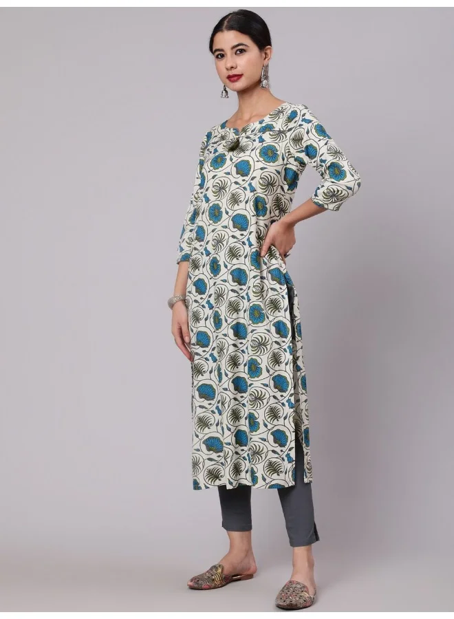 AKS  Cream & Blue Floral Print Kurta for Women | Best Price UAE