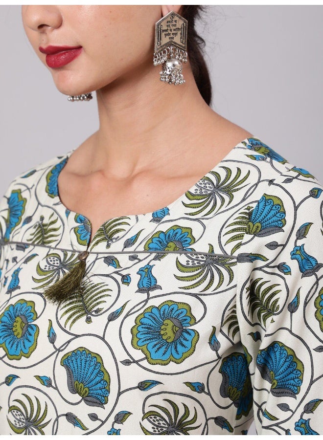 AKS Cream & Blue Floral Print Kurta - Image 2