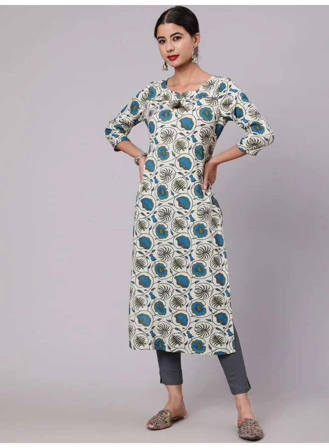 AKS Cream & Blue Floral Print Kurta