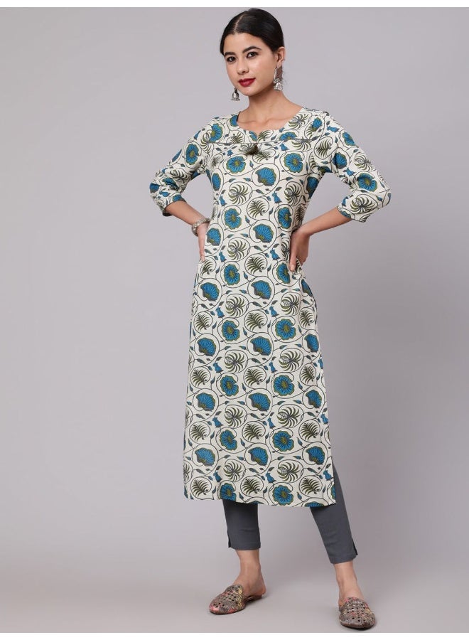 AKS Cream & Blue Floral Print Kurta - Image 1