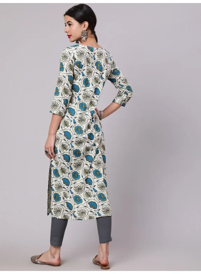 AKS  Cream & Blue Floral Print Kurta for Women | Best Price UAE