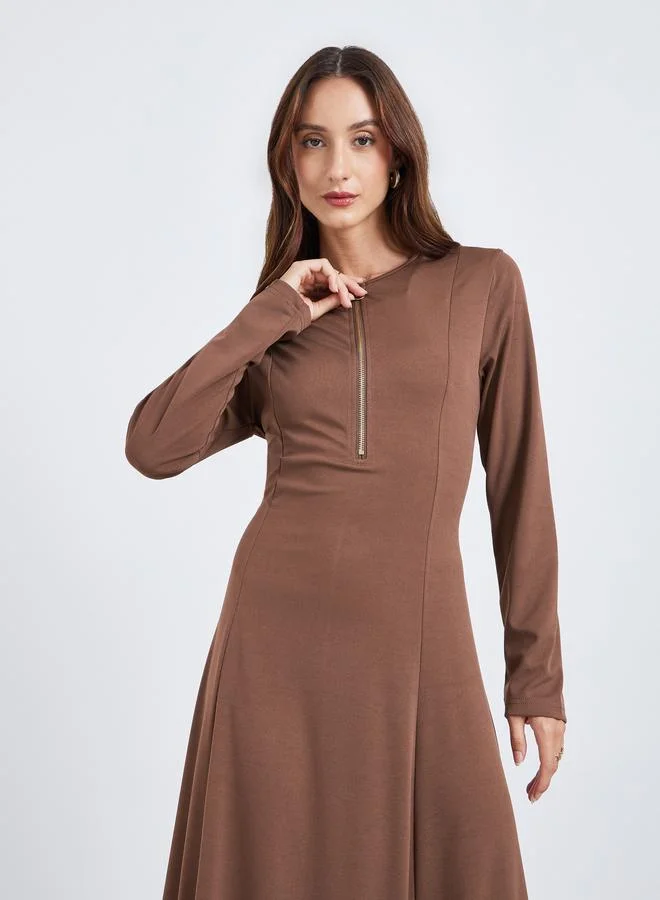 Take Two Women's Solid Round Neck Half Zip-up Fitted Long Sleeve Maxi Dress