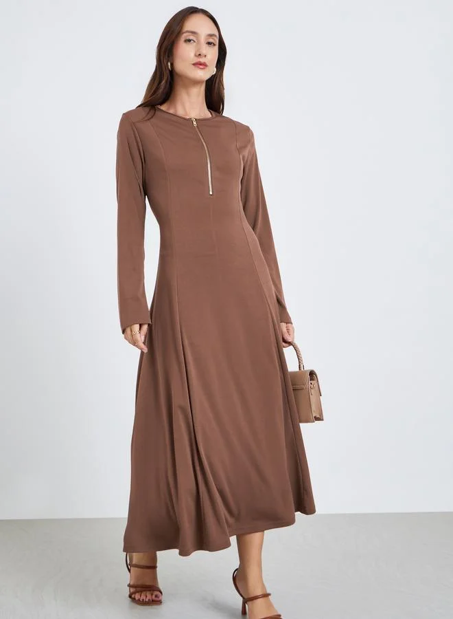 Take Two Women's Solid Round Neck Half Zip-up Fitted Long Sleeve Maxi Dress