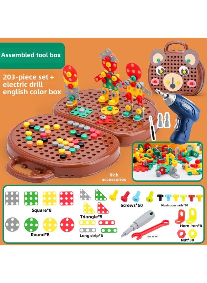 Assembled Toolbox Baby Educational Electric Drill Screwdriver Screw Repair Children Repair Toolbox-Color:English Color Box-bear Toolbox + Electric Drill - Image 1