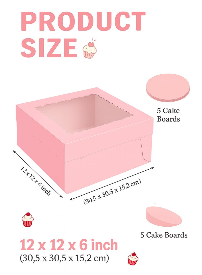 تصميم زينس علب كيك مع نافذة (5 قطع) مقاس 12×12×6 بوصة | 5 قواعد كيك كبيرة من الكرتون بغطاء | صندوق معجنات وكوكيز وتارت وحلويات | عبوة طعام قوية مناسبة لأعياد الميلاد والأعراس باللون الوردي (30.5×30.5×15.2 سم) - Image 2