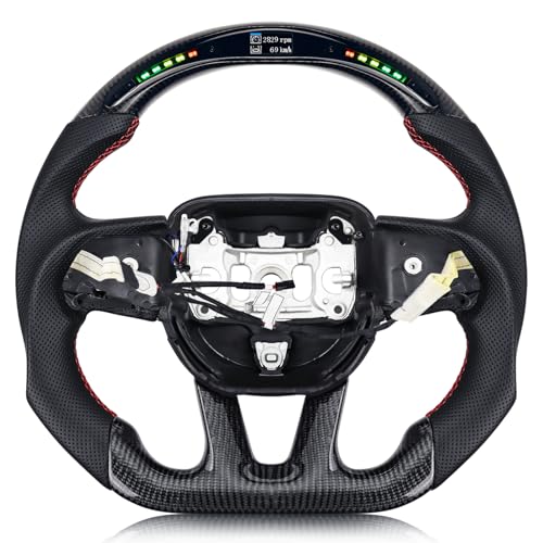 VOONKE Real Carbon Fiber Steering Wheel Red Stitching For Dodge Charger/Challenger/SXT/GT/RT/SRT/Heallcat D-shaped LED Shift Indicator Nappa Perforated Leather Flat-bottom Steering Wheel-With Heat - Image 1