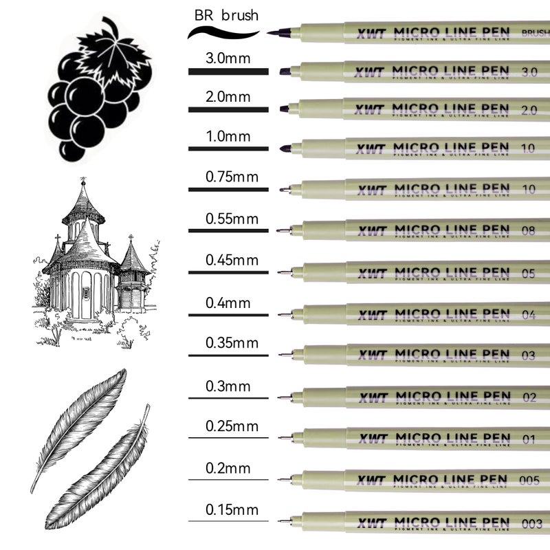 XWT 12+1 Fineliner Drawing Art Pens, Black Waterproof Pigment Ink Set for Artists, Sketching, Manga, Watercolor, Calligraphy, and Detail Outlining Archival Quality Inking Markers - Image 2