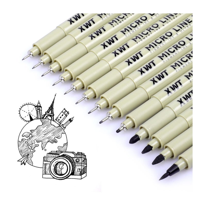XWT 12+1 Fineliner Drawing Art Pens, Black Waterproof Pigment Ink Set for Artists, Sketching, Manga, Watercolor, Calligraphy, and Detail Outlining Archival Quality Inking Markers - Image 1