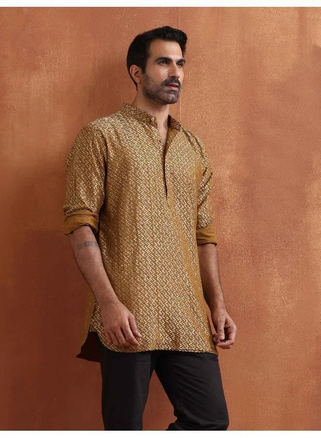 ترو برونز Men's Mustard Cotton Dobby Short Kurta