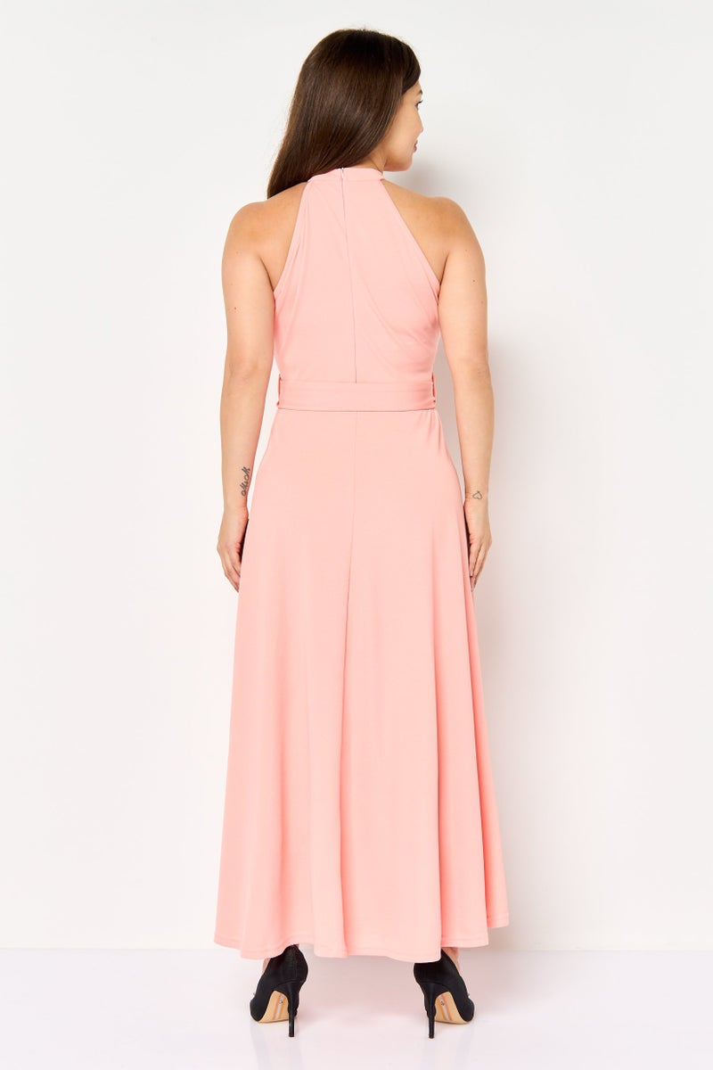 Free Soul Women Solid Sleeveless Belted Midi Dress, Peach - Image 2