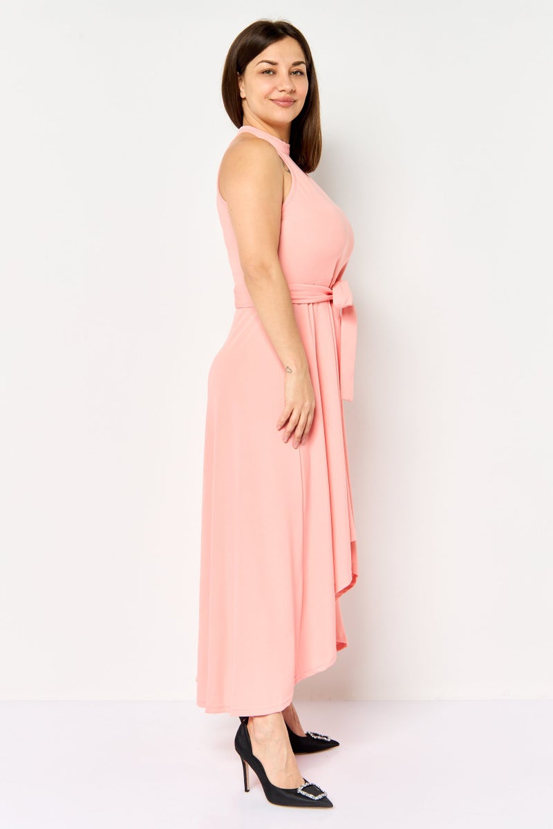 Free Soul Women Solid Sleeveless Belted Midi Dress, Peach - Image 3