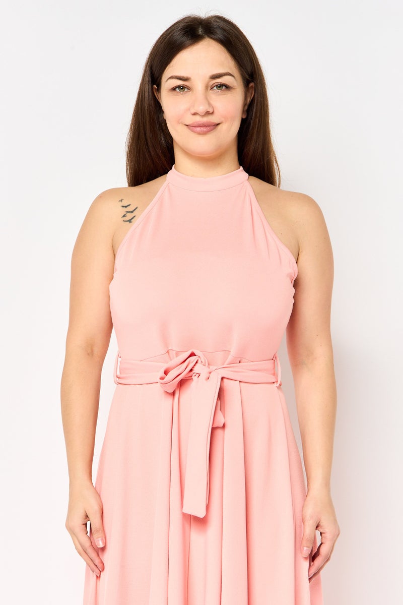 Free Soul Women Solid Sleeveless Belted Midi Dress, Peach - Image 4