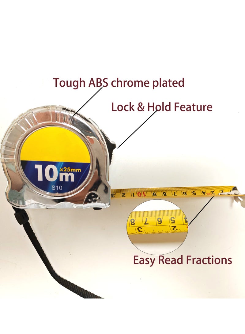 صن رايز شريط قياس 10 متر مطلي بالكروم ABS شديد التحمل، شريط قياس متعدد الاغراض مع علامات كسر واضحة، مقبض مانع للانزلاق، قفل تلقائي وتجاوز يدوي للبناء، الهندسة - Image 2