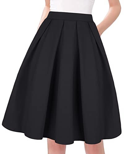 Tandisk Women's High Waist Flared Skirt Pleated Midi Skirt with Pocket Black XL - Image 1