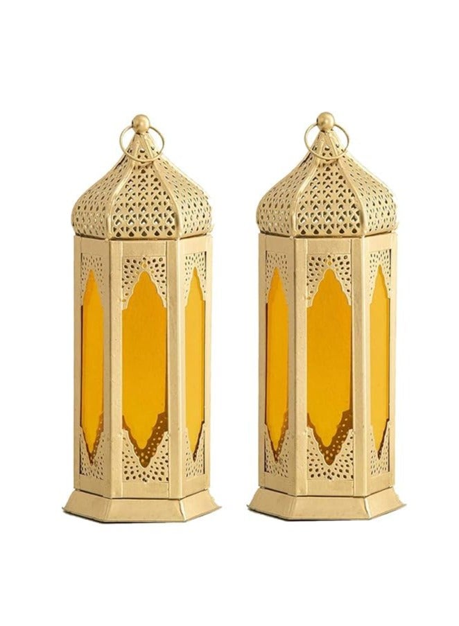 Large Moraccan Lantern Lamp with t Light Candle Holde lantern for  Decorative Hanging Lantern for ramdan Decoration Set of 2 Yellow - Image 1