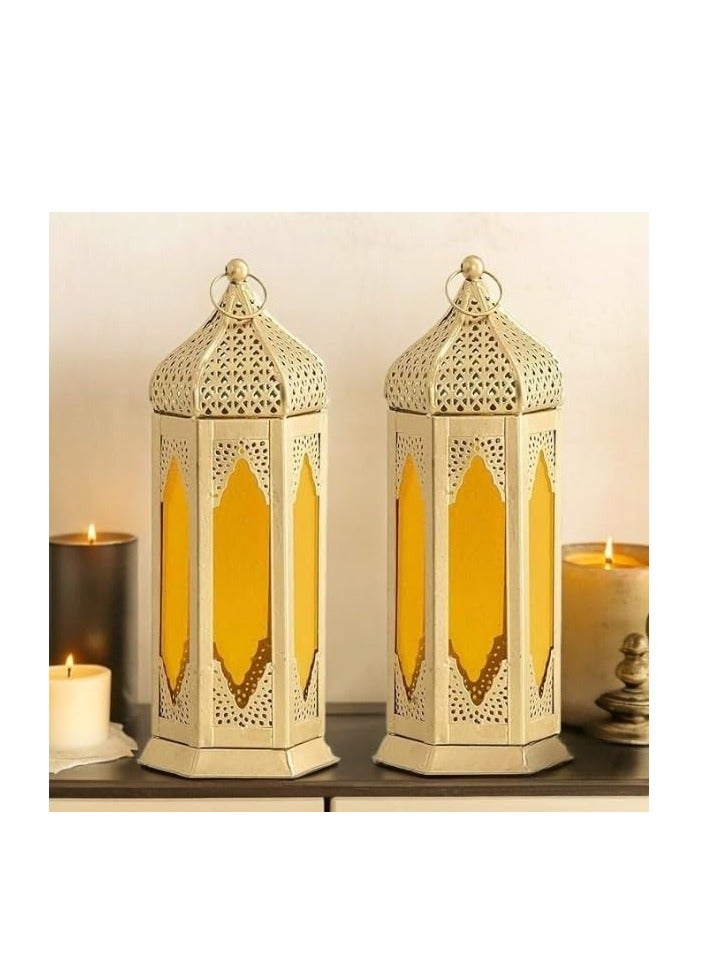 Large Moraccan Lantern Lamp with t Light Candle Holde lantern for  Decorative Hanging Lantern for ramdan Decoration Set of 2 Yellow - Image 3