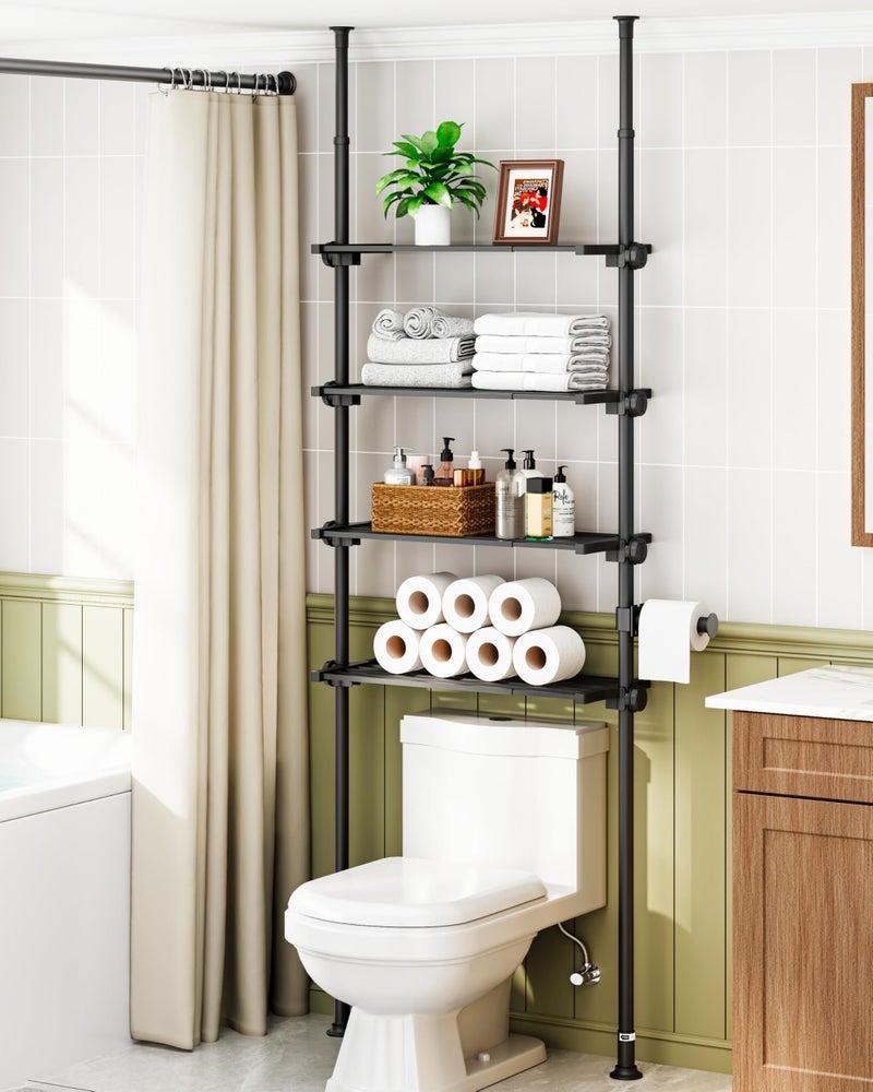 ALLZONE Adjustable Over The Toilet Storage Shelf, 4-Tier Ample Over Toilet Bathroom Organizer and Storage,Tension Mounted Above Toilet Storage Cabinet for Versatility, Fits 64-113 Inch Heights, Black - Image 1
