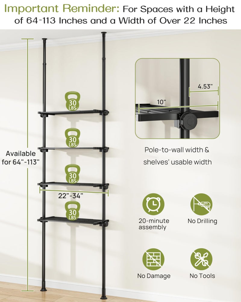 ALLZONE Adjustable Over The Toilet Storage Shelf, 4-Tier Ample Over Toilet Bathroom Organizer and Storage,Tension Mounted Above Toilet Storage Cabinet for Versatility, Fits 64-113 Inch Heights, Black - Image 2