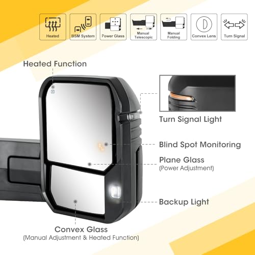 Sanooer Towing Mirrors for 2007-2021 Tundra, 2008-2017 Sequoia with Power Glass Heated Arrow Turn Signal Blind Spot Light Extendable Fold Pair Set - Image 2