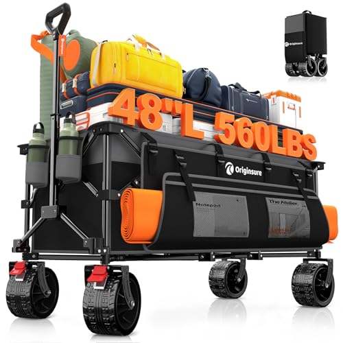 Originsure 48" L Collapsible Wagon Cart Foldable, 560lbs Weight Capacity 300L Heavy Duty Folding Beach Wagons with Big All-Terrain Wheels, Utility Carts for Groceries, Shopping, Camping, Sports - Grey&Black - Image 1