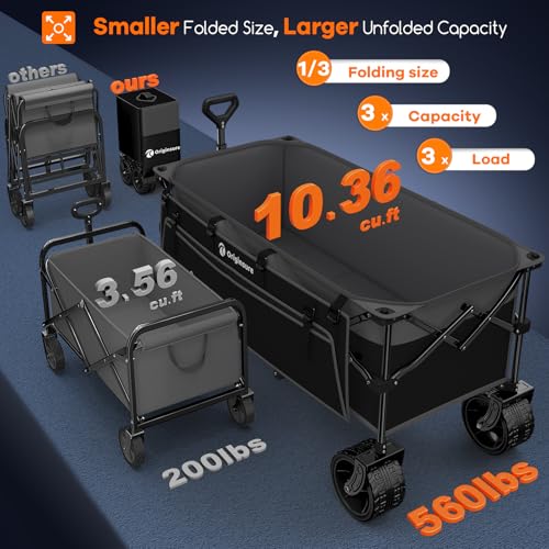 Originsure 48" L Collapsible Wagon Cart Foldable, 560lbs Weight Capacity 300L Heavy Duty Folding Beach Wagons with Big All-Terrain Wheels, Utility Carts for Groceries, Shopping, Camping, Sports - Grey&Black - Image 3