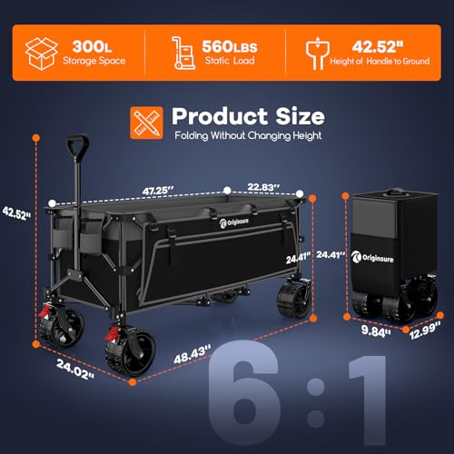 Originsure 48" L Collapsible Wagon Cart Foldable, 560lbs Weight Capacity 300L Heavy Duty Folding Beach Wagons with Big All-Terrain Wheels, Utility Carts for Groceries, Shopping, Camping, Sports - Grey&Black - Image 2