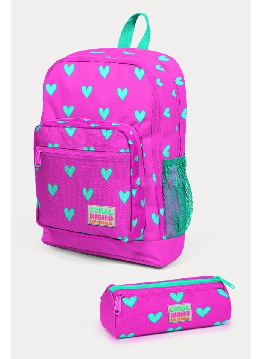 CORAL HIGH Kids Neon Pink Water Green Heart Patterned 2-Piece School Bag Set SET0223113