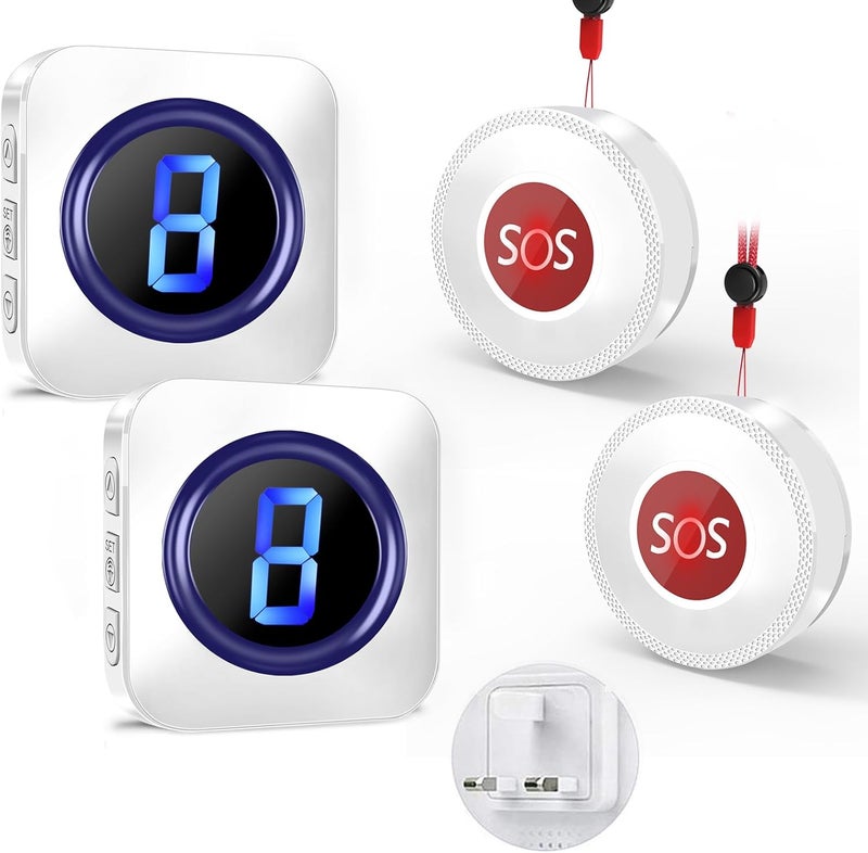 SURFOU Wireless Caregiver Pager, 1,000ft Personal Panic Alarm Call Bell for Elderly with 5 Volume Levels 55 Chimes LED Flash for Home with 2 Plug in Receivers and 2 SOS Call Buttons Alarms - Image 1