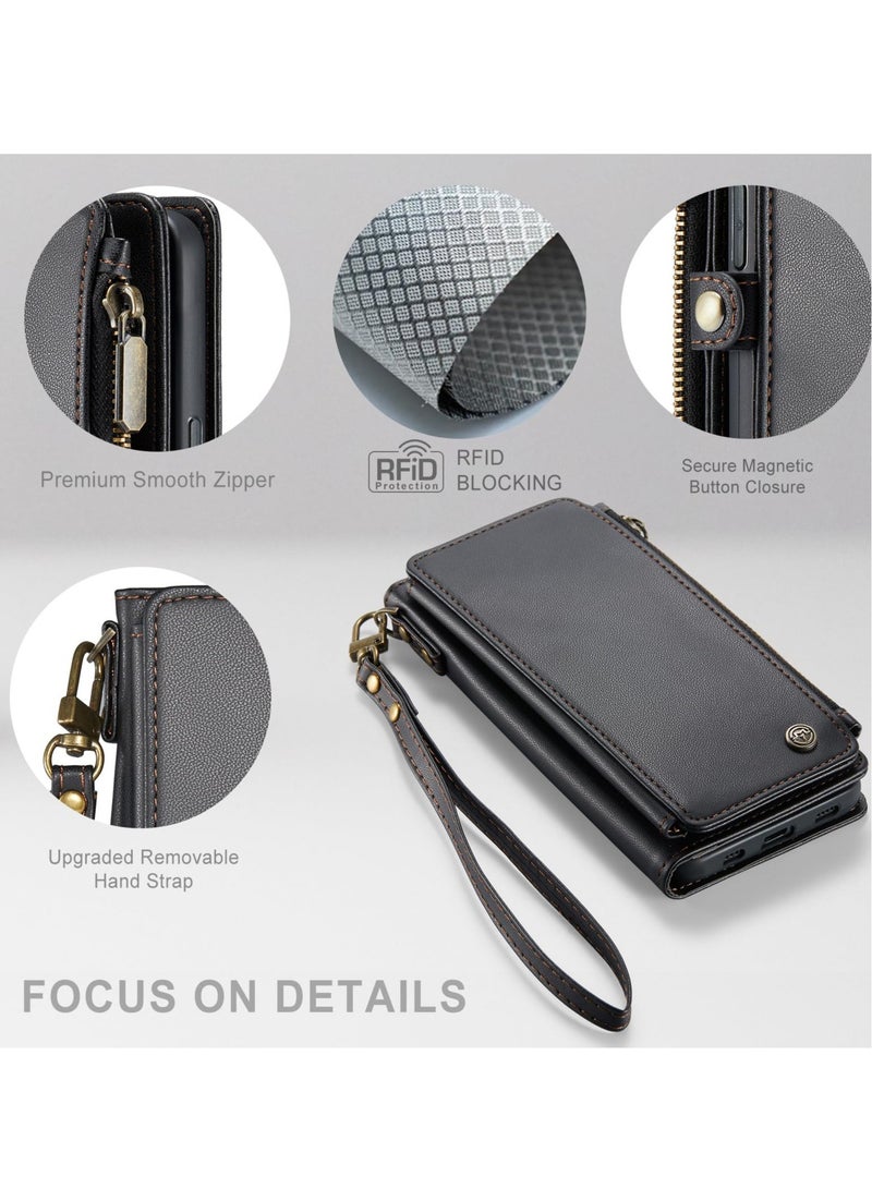 Excefore For iPhone 15 Pro Max Phone Case with Card Holder, Zipper PU Leather Protective Phone Cover, RFID Blocking iPhone 15 Pro Max Wallet Case, Suitable for Women Men (Black)  - Image 5