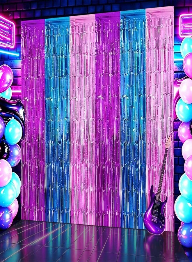 partyzoa 2 Pack Purple Blue Pink Foil Fringe Curtains Backdrop Birthday Party Decorations, 3.28 x 6.56 Ft Music Themed Tinsel Streamer Banner Photo Booth Props for Mermaid Disco Party Decor Supplies Favors - Image 1