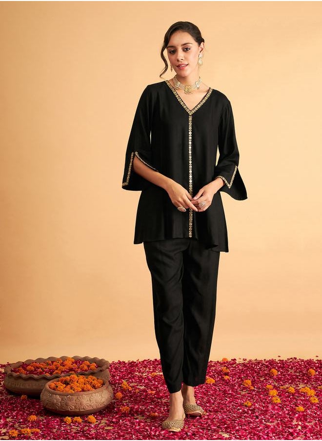SASSAFRAS - Embroidered Trim A Line Longline Top and Straight Pant Sets by Styli - Image 1
