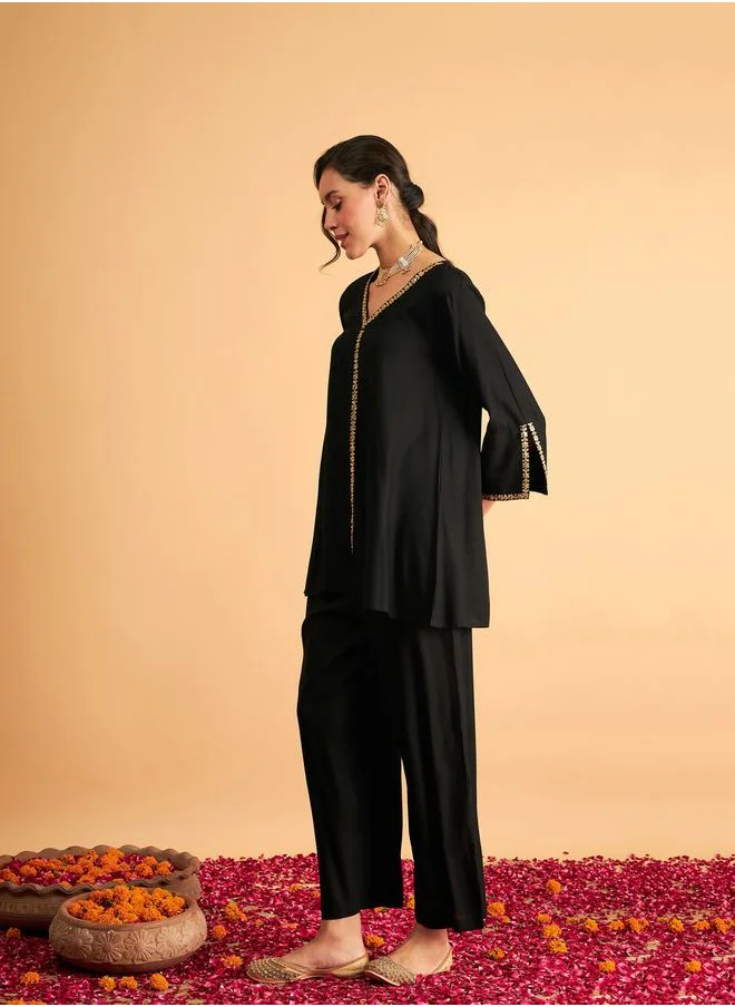 SASSAFRAS Embroidered Trim A Line Longline Top and Straight Pant Sets by Styli