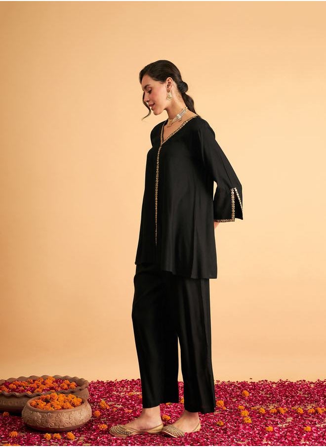 SASSAFRAS - Embroidered Trim A Line Longline Top and Straight Pant Sets by Styli - Image 1