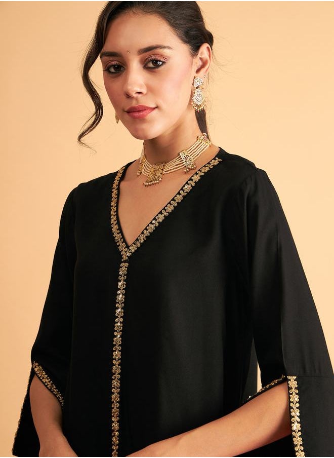 SASSAFRAS - Embroidered Trim A Line Longline Top and Straight Pant Sets by Styli - Image 1