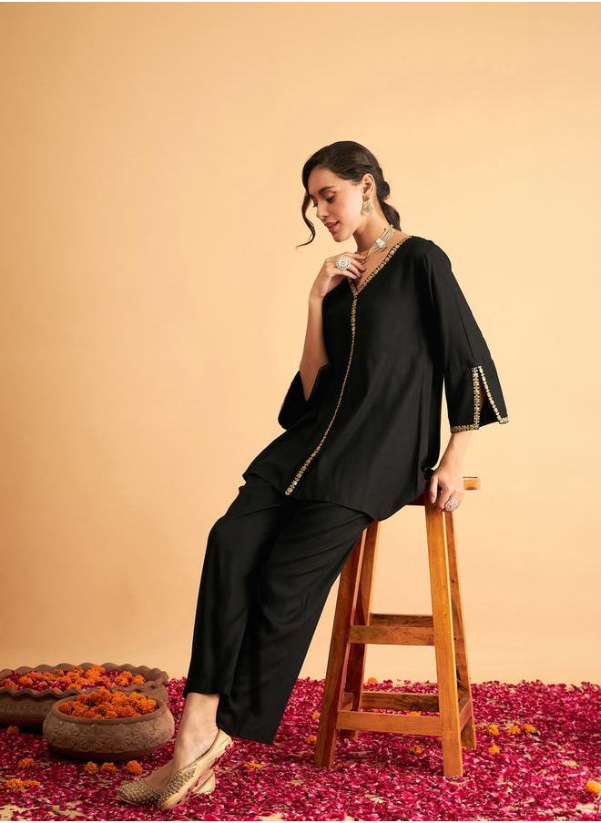 SASSAFRAS - Embroidered Trim A Line Longline Top and Straight Pant Sets by Styli - Image 1