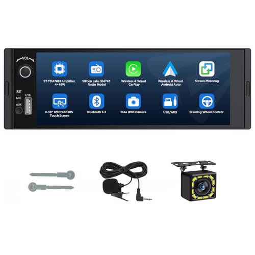 Eonon 6.36" Single DIN Car Stereo – Wireless CarPlay & Android Auto, IPS Touchscreen (1280x480), ST TDA7851 Amp, Backup Camera, Steering Control,Bluetooth 5.3-X3U - Image 1