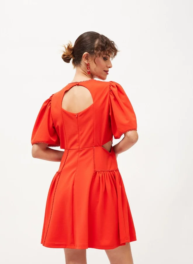 SASSAFRAS Flared Sleeves Lace Inserts Fit & Flare Dress for Women