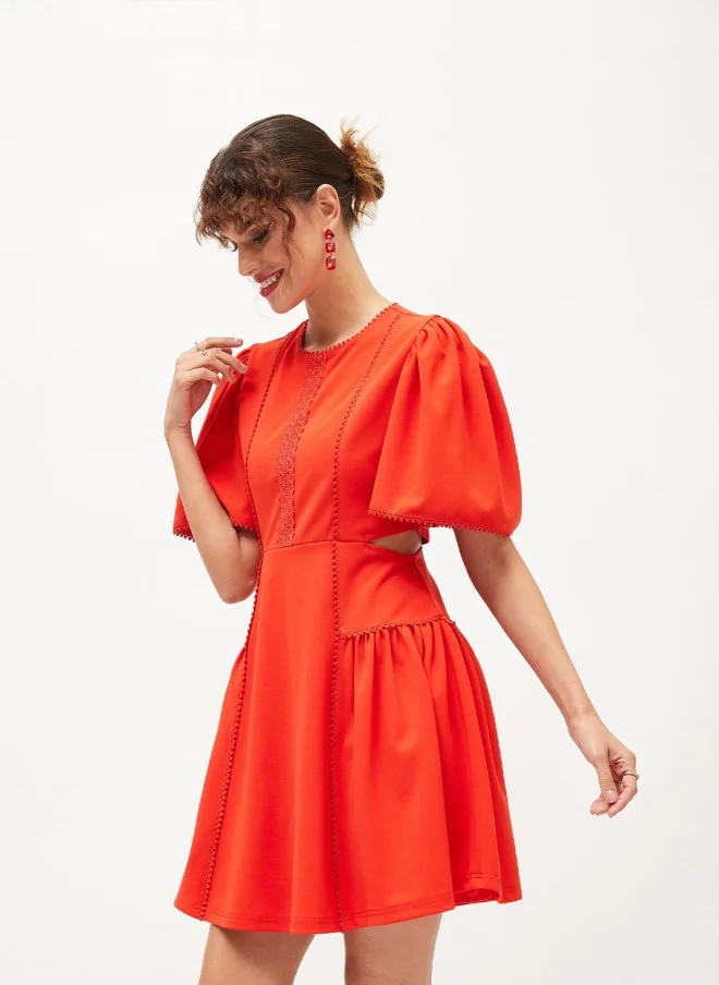 SASSAFRAS Flared Sleeves Lace Inserts Fit & Flare Dress for Women