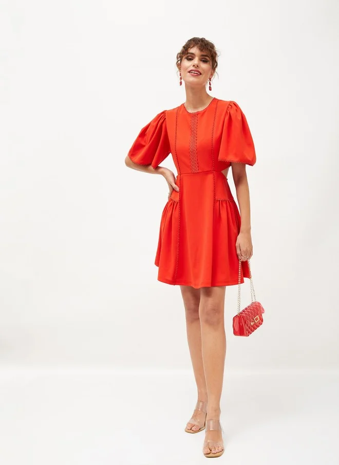 SASSAFRAS Flared Sleeves Lace Inserts Fit & Flare Dress for Women