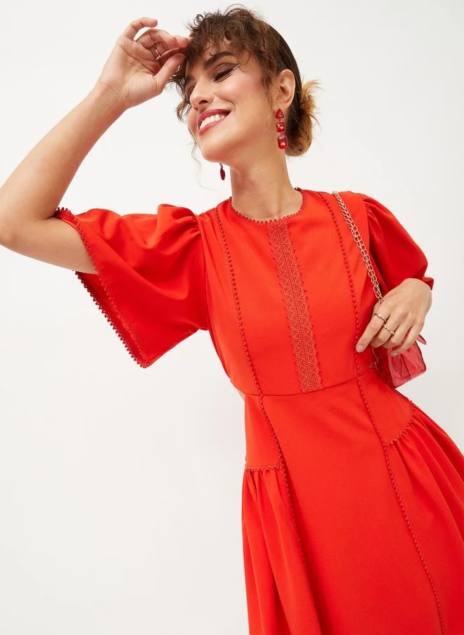 SASSAFRAS Flared Sleeves Lace Inserts Fit & Flare Dress for Women