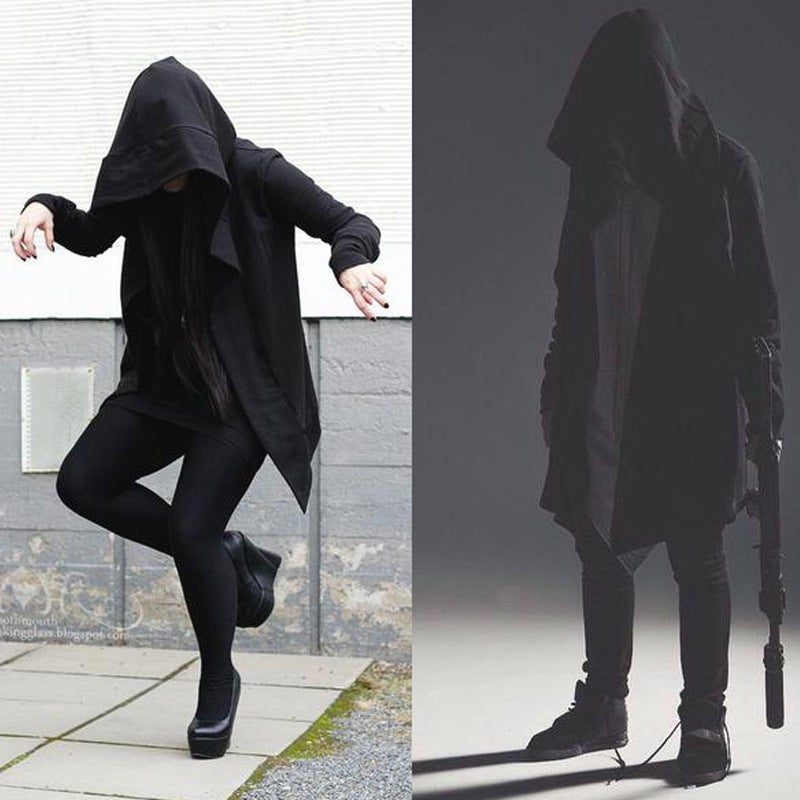 Spring Dark Mens trench coat mens mid-length hooded cardigan wizard cloak cloak thin overcoat coat Dark black